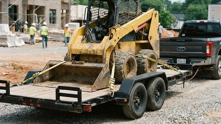 A skid steer loaded properly on an equipment trailer to achieve 60/40 weight distribution.