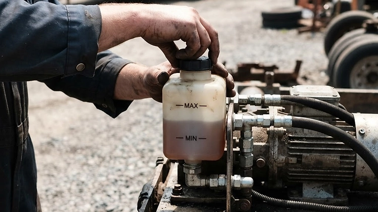 Close up of a dump trailer hydraulic pump reservoir being filled with fresh hydraulic fluid