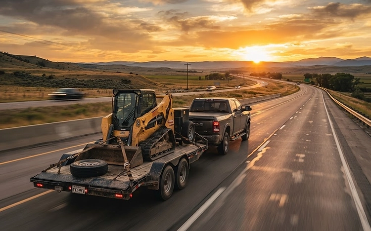 Trailer delivery on the highway at sunset