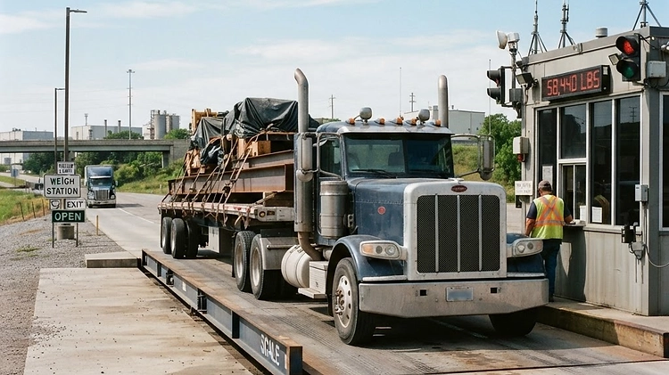A fully loaded truck and trailer combination being weighed on a commercial scale