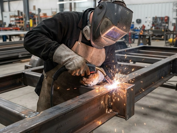 Welder fabricating a heavy-duty steel trailer frame