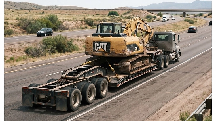 A heavy-duty flatbed trailer loaded with construction equipment, demonstrating proper axle weight distribution.