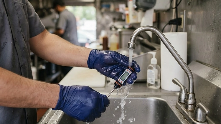 Health inspector checking the hot water temperature at a food trailer sink