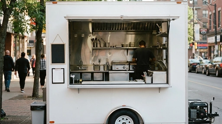 A fully equipped white food trailer parked outside a commissary kitchen, ready for health department inspection.