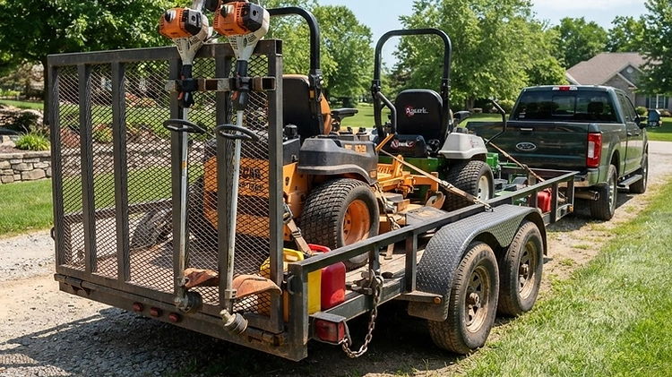 Professional Landscape Trailer Sizing Guide A professional 6x12 tandem-axle landscape trailer loaded with zero-turn mowers