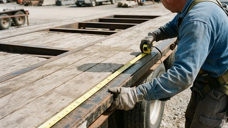 A person measuring the deck width of a flatbed trailer to determine the correct size for hauling equipment.