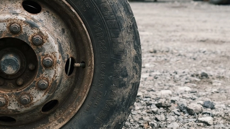 Close up of a heavy duty trailer tire sidewall showing load range and ply rating