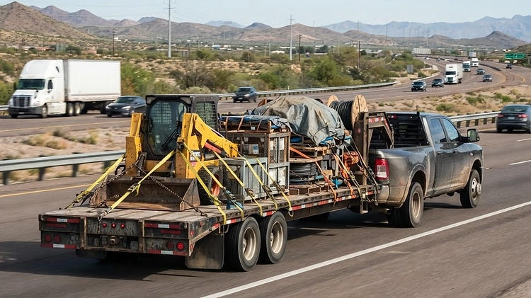A heavy-duty 40-foot gooseneck hotshot trailer loaded with commercial freight on a highway