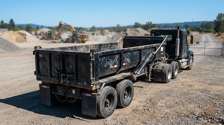 Empty Dump Trailer Curb Weight An empty dump trailer parked on a gravel lot showing its curb weight profile