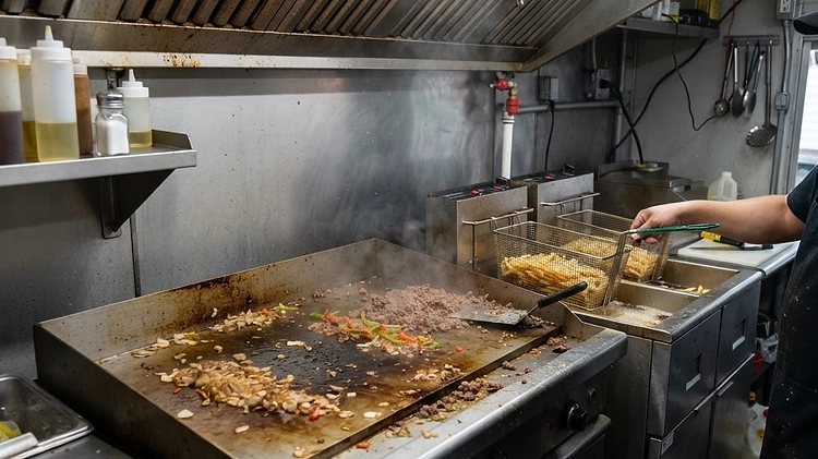 Commercial-grade cooking equipment installed inside a food trailer