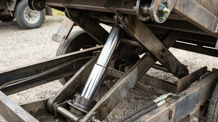 Close-up view of a heavy-duty dump trailer hydraulic cylinder hoist and hydraulic line fittings. Close-up view of a heavy-duty dump trailer hydraulic cylinder hoist and hydraulic line fittings.
