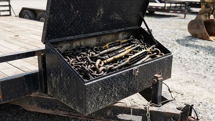Heavy Trailer Accessories and Toolboxes A large steel tongue toolbox mounted on an equipment trailer
