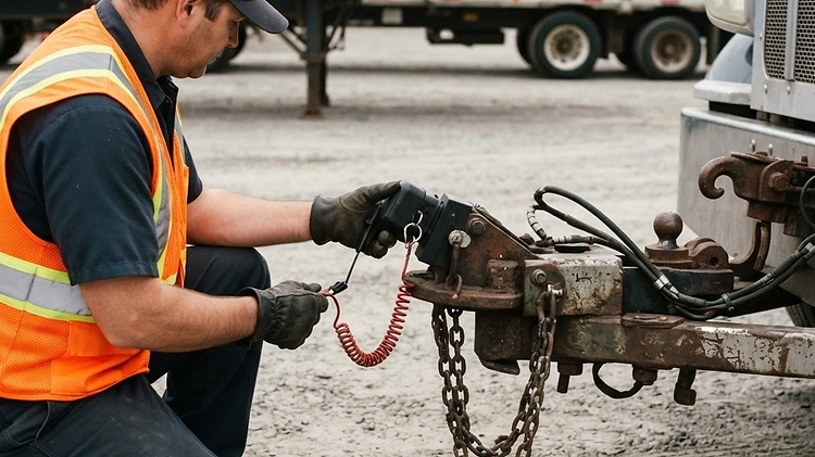 DOT inspector checking a trailer breakaway system during a roadside inspection