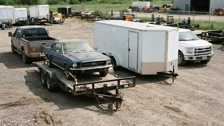 Open vs Enclosed Car Hauler Trailers Comparison of an open steel car hauler and a white enclosed car trailer side by side