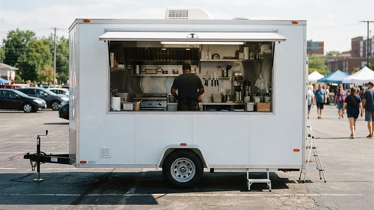 Exterior view of an 18-foot concession trailer parked at a food truck event