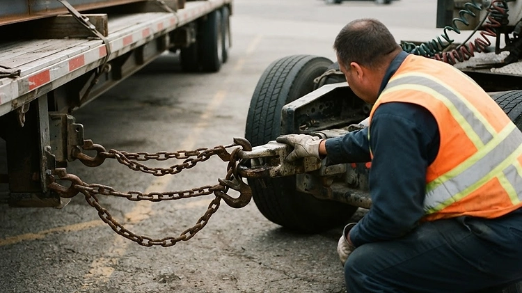 Commercial DOT inspector checking trailer safety chains on a flatbed trailer