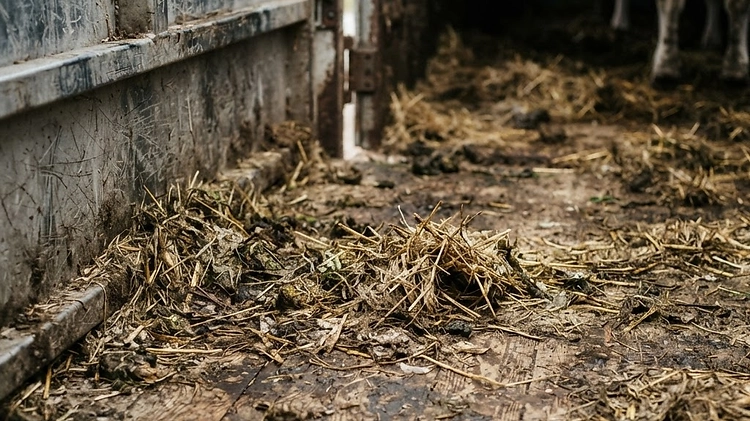 Dirty Livestock Trailer Floor Close up of a dirty livestock trailer floor with manure and bedding