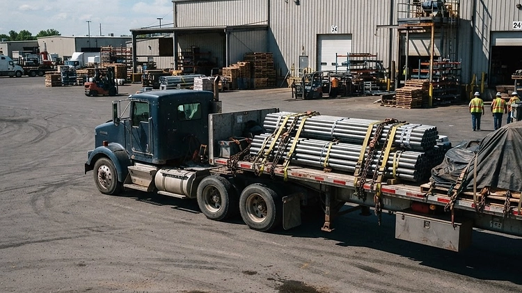 Standard 53-foot commercial flatbed trailer attached to a semi-truck