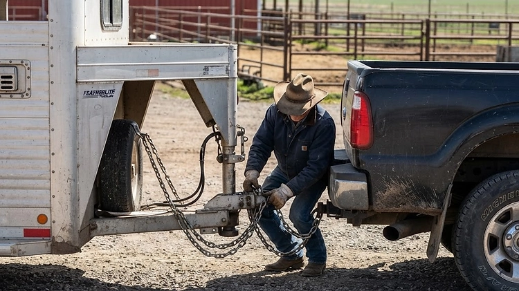 Rancher inspecting the hitch and safety chains on a gooseneck livestock trailer