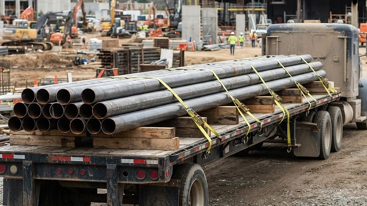 Loading Long Cargo on a Deckover Trailer A deckover trailer loaded with long steel pipes supported by wooden dunnage.