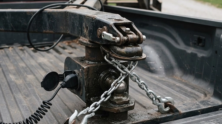 Close-up of a hotshot trailer gooseneck coupler and safety chains being inspected.
