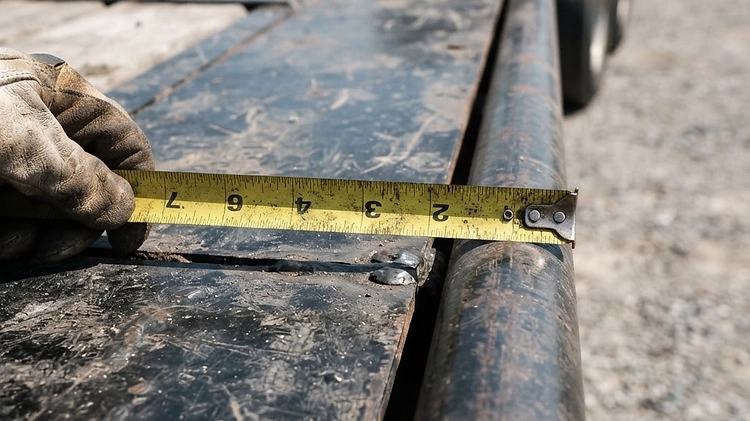 Measuring tape stretched across the deck of a flatbed trailer to determine true width