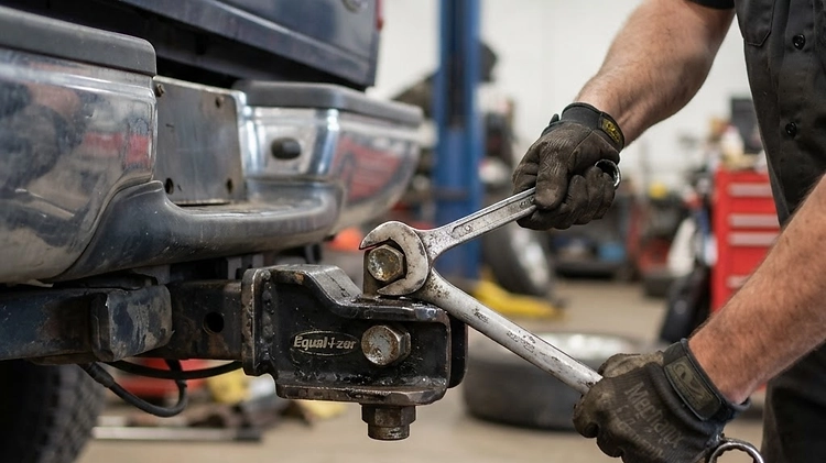 A driver adjusting the hitch head angle on a weight distribution system.