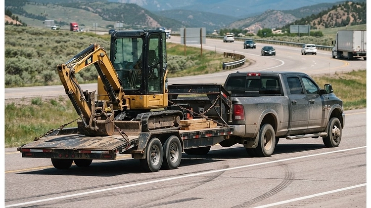 A heavy-duty truck towing a loaded flatbed trailer on a highway, demonstrating proper tongue weight balance.