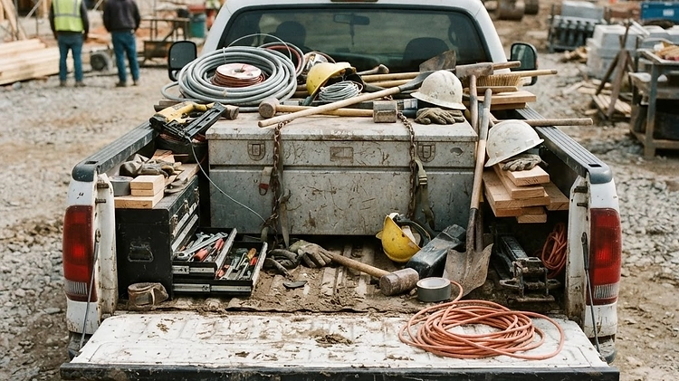 A fully loaded truck bed with tools and equipment reducing payload