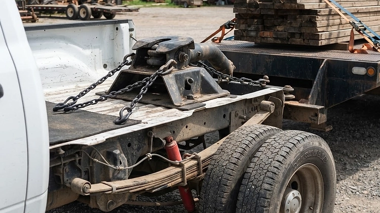 Gooseneck Trailer Tongue Weight on Truck A heavy duty pickup truck towing a loaded gooseneck trailer showing tongue weight