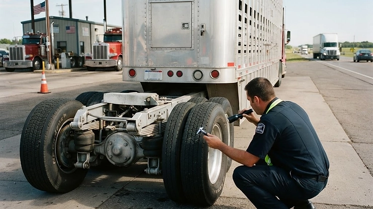 A commercial livestock trailer undergoing a DOT and USDA compliance inspection