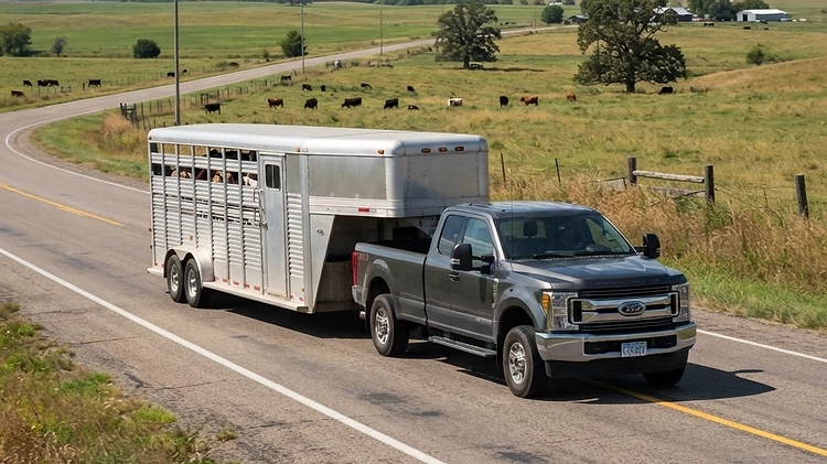 A heavy-duty gooseneck livestock trailer being safely towed by a pickup truck on a rural highway