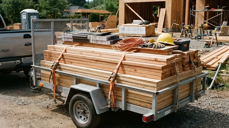 A 6x12 utility trailer carrying construction materials