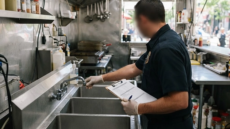 Health department inspector checking the three-compartment sink in a food trailer