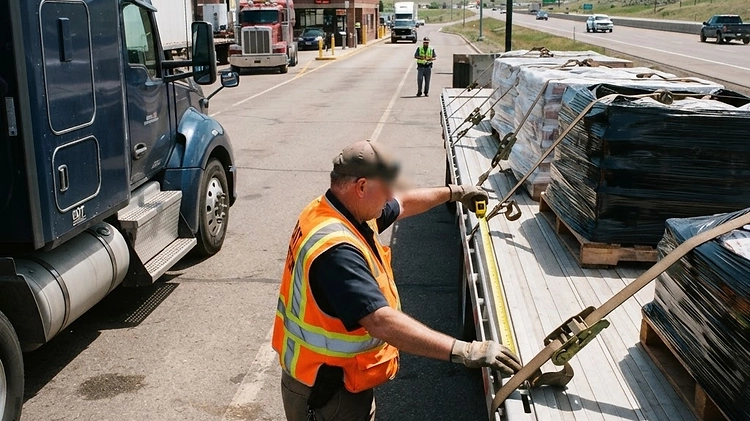 A commercial flatbed trailer being measured for legal width compliance on a highway weigh station