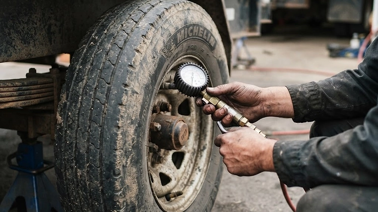 Checking the tire pressure on a heavy-duty 14-ply trailer tire