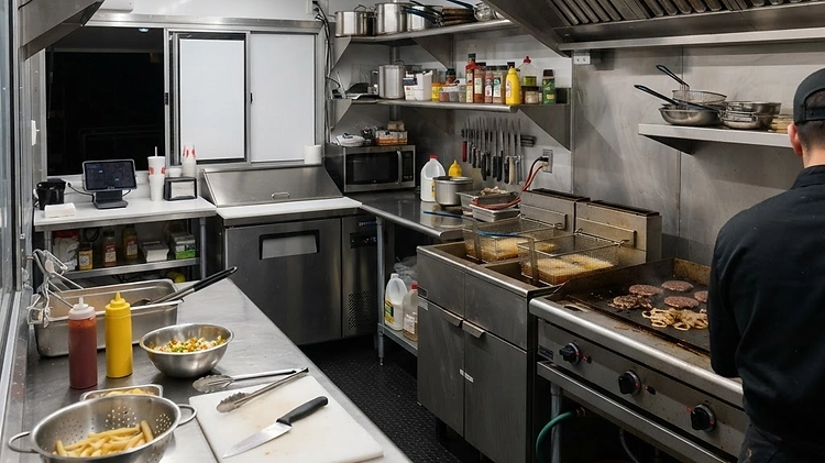 Interior view of a spacious concession trailer kitchen with stainless steel appliances
