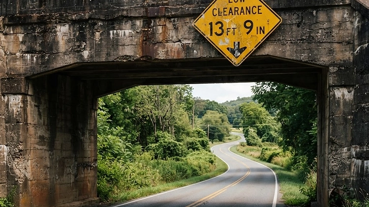 Low clearance bridge warning sign above a rural road