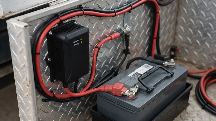 An onboard AC-to-DC battery charger mounted inside a dump trailer toolbox.