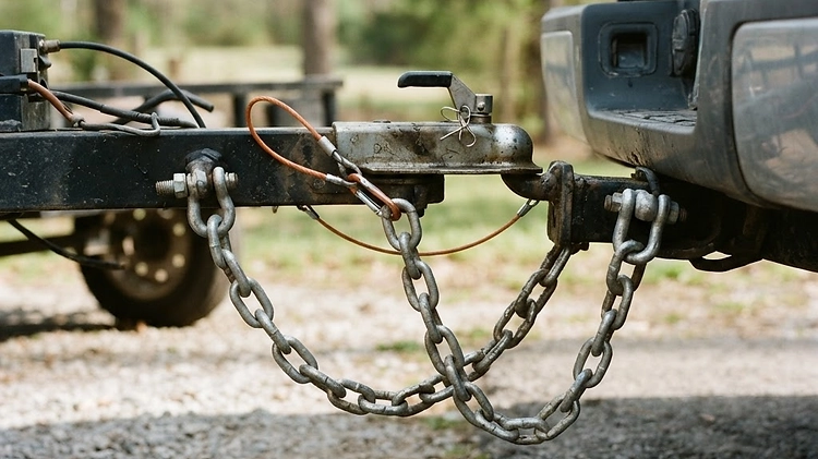 Trailer breakaway cable attached to tow vehicle hitch alongside safety chains