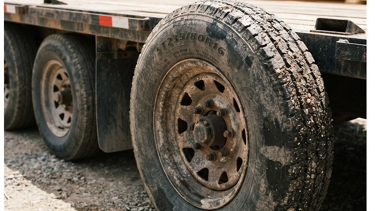 A heavy-duty ST trailer tire mounted on a commercial flatbed trailer