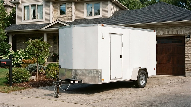 A 6x12 enclosed cargo trailer parked in a residential driveway.