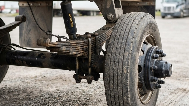 Close-up of a trailer axle and leaf spring suspension system