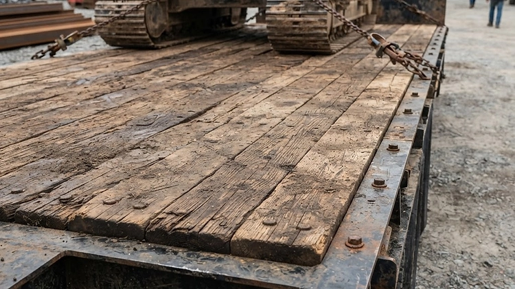 Rough oak hardwood decking on a heavy equipment trailer