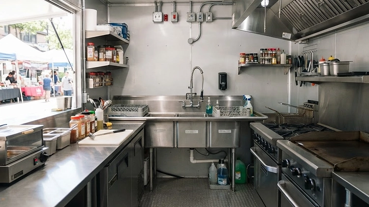 Interior view of a modern mobile kitchen trailer showing stainless steel sinks, electrical outlets, and a commercial ventilation hood.