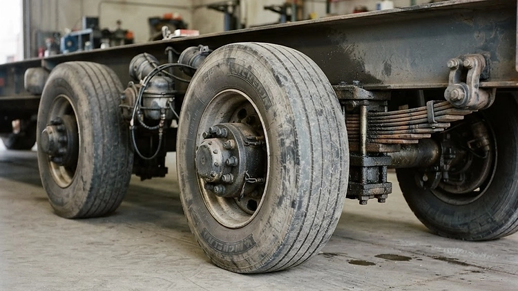 Close-up of a heavy-duty tandem trailer axle and suspension system