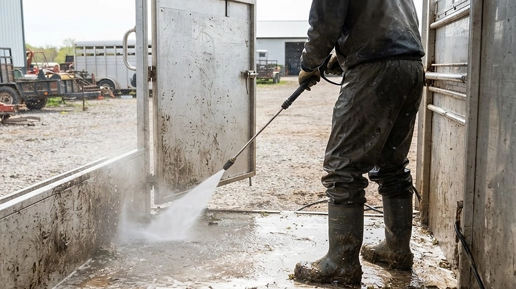 Pressure Washing Livestock Trailer Person pressure washing the interior of an aluminum livestock trailer
