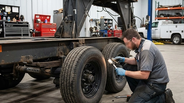 A heavy-duty hotshot trailer parked in a maintenance bay with a mechanic inspecting the wheels and suspension.