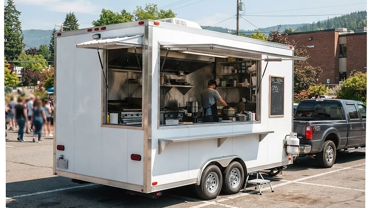 Food Trailer Health Department Inspection 2026 A modern, fully equipped food trailer parked outside a local health department building awaiting inspection