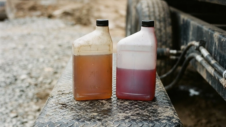Mechanic comparing AW32 and AW46 hydraulic fluid bottles next to a dump trailer